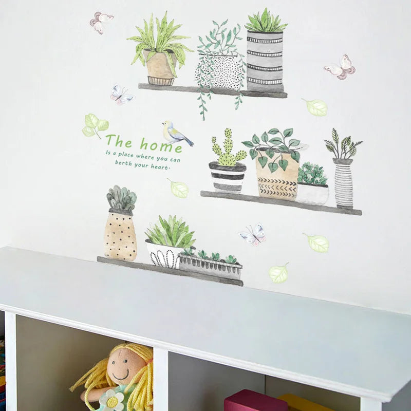 autocollant mural plantes pot peinture oiseaux papillons feuilles vert naturel salon cuisine déco