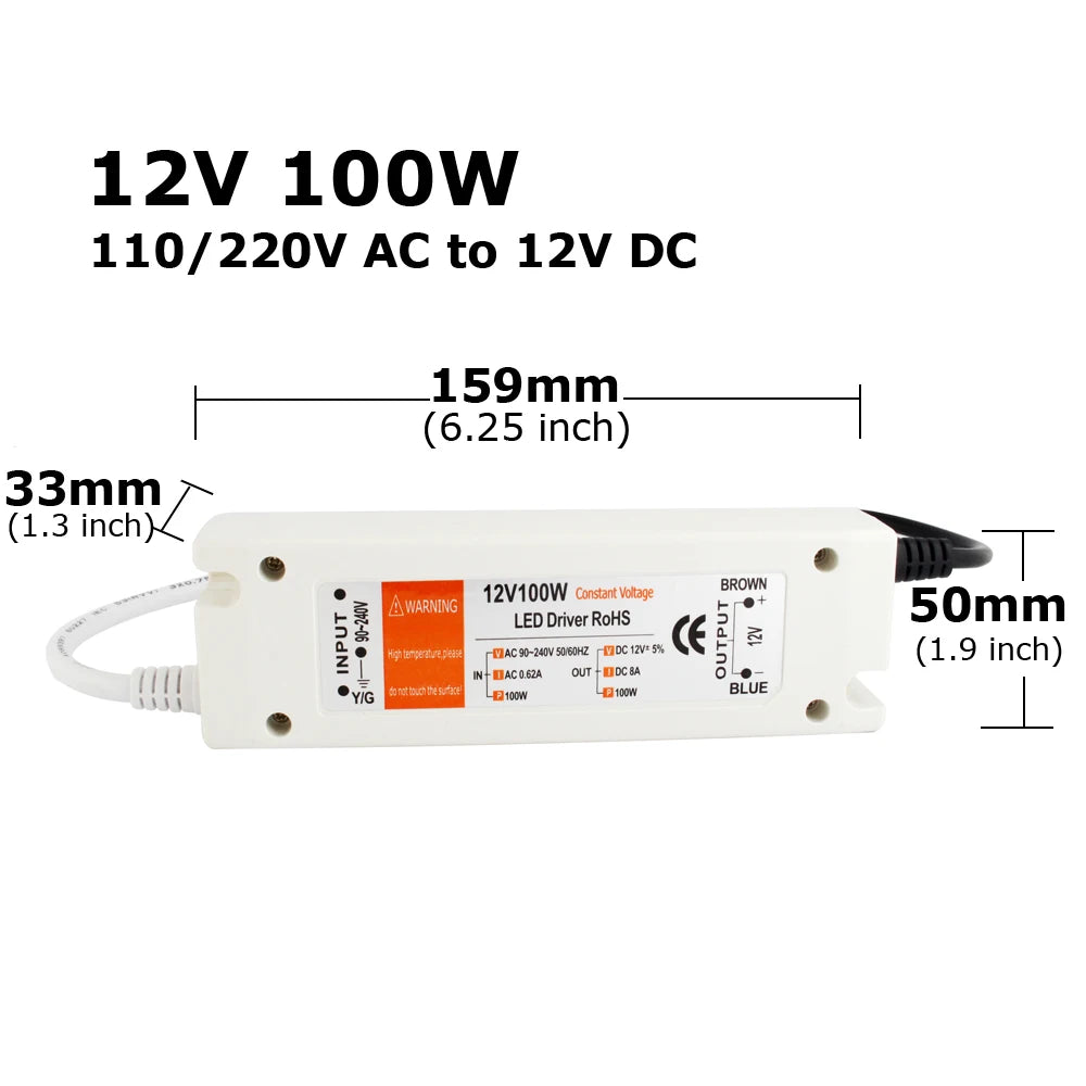 transformateur led 12v 100w 18w 28w 48w 72w blanc bleu moderne câbles vis certification
