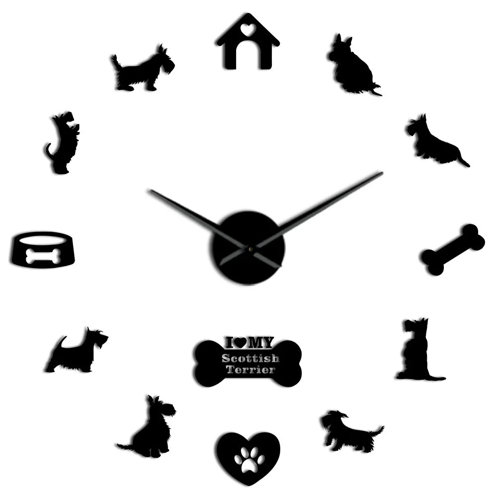 horloge murale moderne chien maison os cœur salon quartz aiguille noir doré stickers