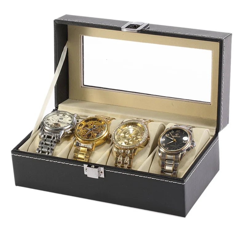 boîte rangement montres simili cuir noir 12 slots classique