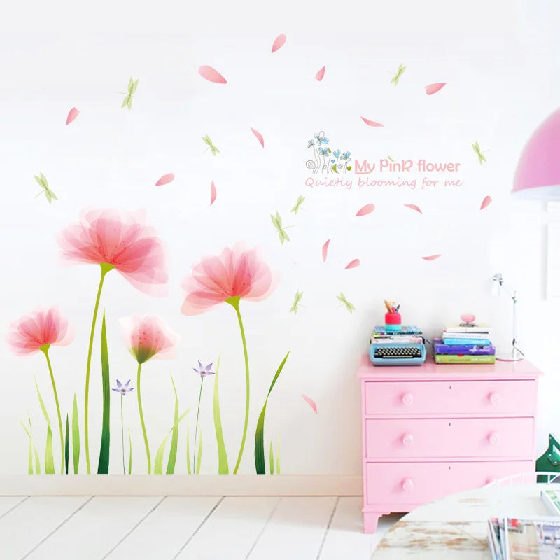 sticker mural moderne fleurs roses feuilles vertes papillons chambre salon decoration maison