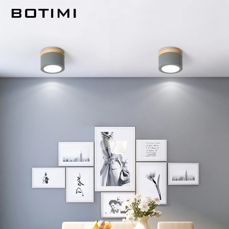 Spot LED moderne bois naturel abat jour métal gris blanc lumière