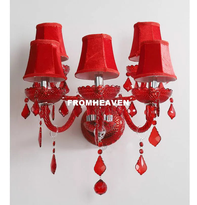 applique murale rouge classique abat jour ondulé pendantes fixée mur deux sources lumineuses