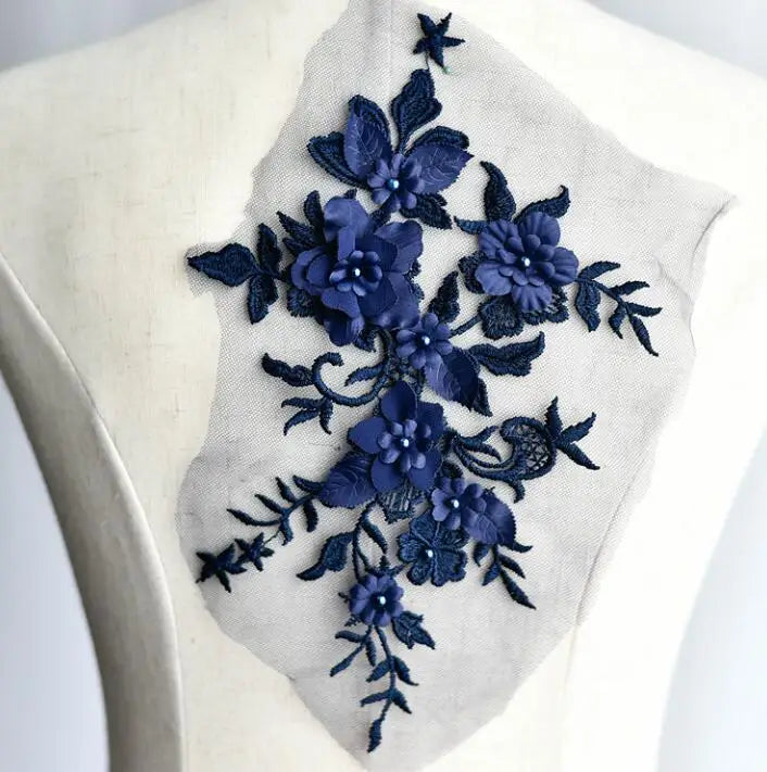 appliques textile brodées fleurs feuilles bleu marine rouge blanc roseclair mariage robemariage