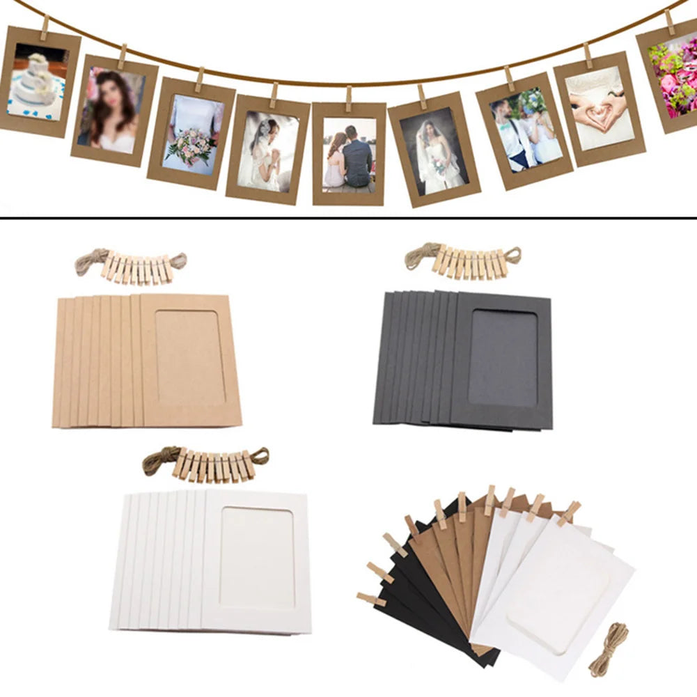 cadres photo papier kraft noir marron blanc suspension pinces bois décoration murrale rustic vintage