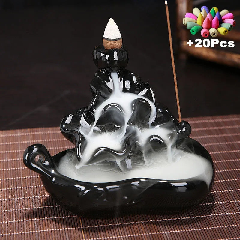 diffuseur encens retour eau céramique noir effet marbré moderne cônes colorés