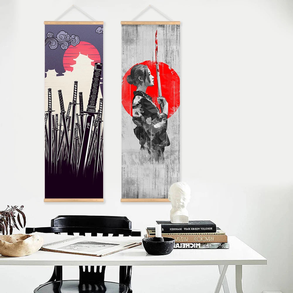 toile d'art ukiyo samouraï contemporain illustration noir blanc rouge gris cadre bois