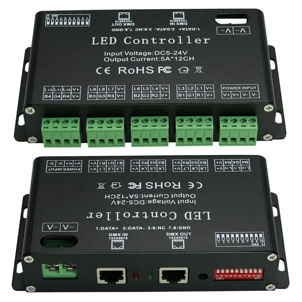contrôleur led dmx 512 rgb 12 canaux 5a dc5v24v decodeur pwm noir industriel