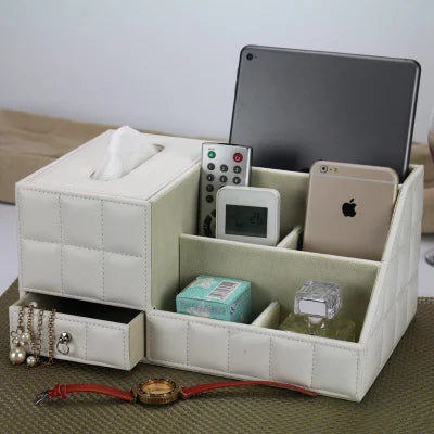 boîte rangement multifonctionnelle cuir moderne réutilisable télécommande tablette smartphone bijoux parfum montre
