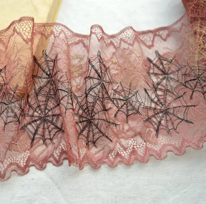 ruban dentelle fine violet rose motif toile d'araignée semi transparent 18cm largeur polyesterDecoration Couture