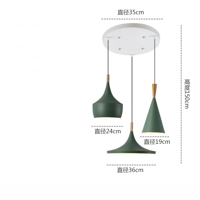 lampes suspendues modernes trois abatjours vert jaune rose blanc minimaliste