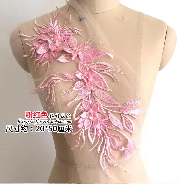 applique textile dentelle fleurs brillantes rouge doré noir broderie polyester écologique 50x20cm