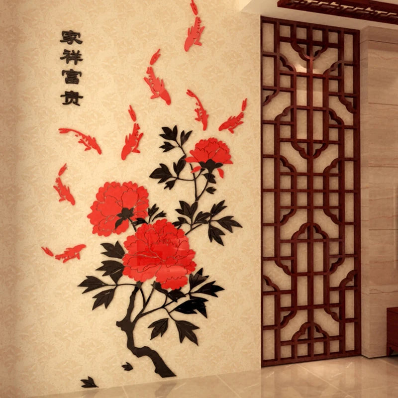 Autocollant mural 3D acrylique pivoine rouge pour décoration salon TV