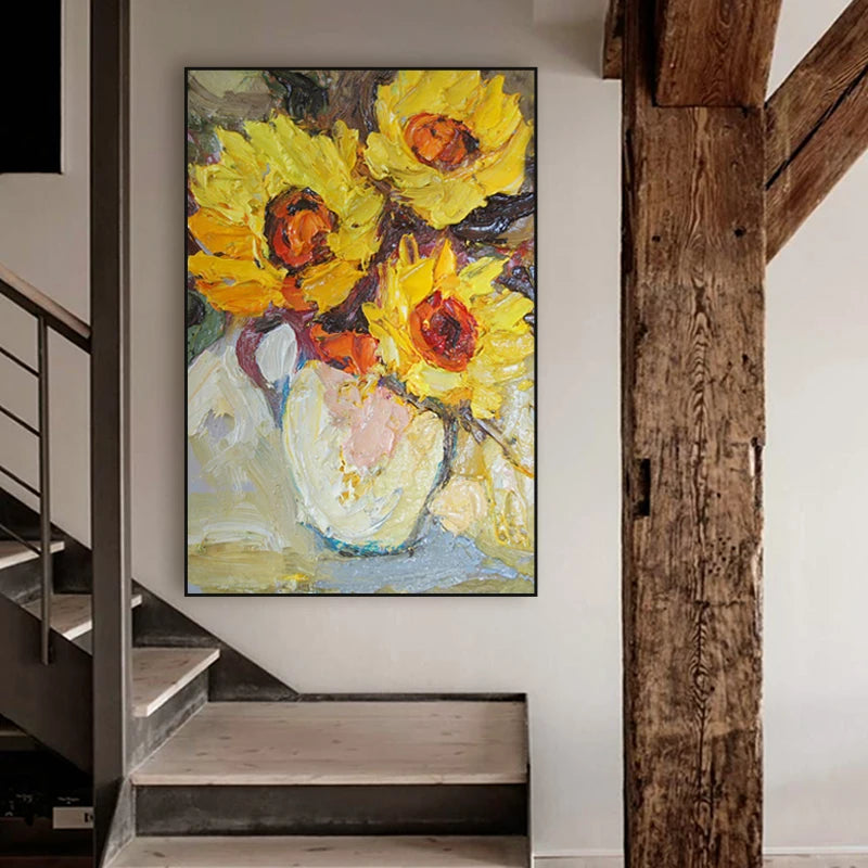 tableau abstrait peinture l'huile tournesol fleur moderne impressionniste toile sans cadre vertical salonDecoration Jaune