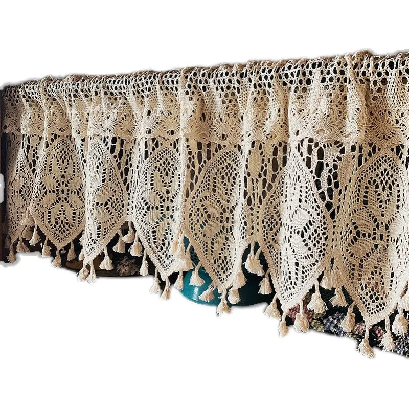 rideau crocheté traditionnel pompons beige clair motif géométrique opacité maison