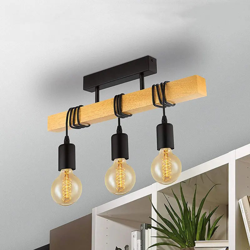 suspension lumineuse industrielle moderne bois naturel noir ampoules e27 clips métalliques chambre salon étude