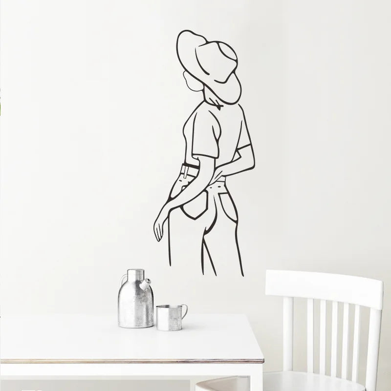 décoration murale adhésive sticker féminin silhouette chapeau noir blanc minimaliste moderne