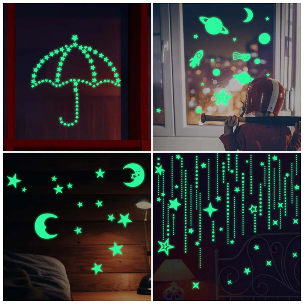 décoration murale enfantine autocollants phosphorescents étoiles lunes planètes fusées vertclair moderne chambre
