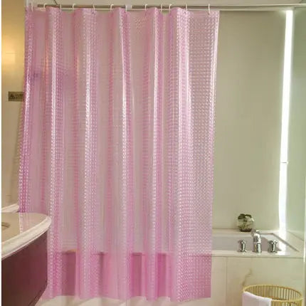 rideau douche moderne rose bleu blanc translucide texture points anneaux métalliques salle bain