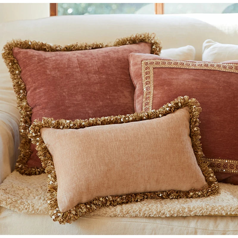 taies d'oreiller jacquard géométrique rose pâle bordure dorée élégantes polyester respectueuses environnement casa decoration