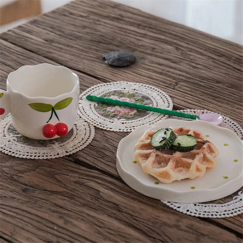 serviettes table vintage fleur rose verte bordure dentelée beige 12cm respectueux environnement moderne tapis