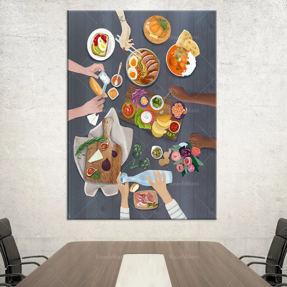 Des mains préparent un repas à base d'aliments variés, tels que fruits, légumes, viandes et pains, disposés sur une table en bois. Une composition colorée de plats et d'accessoires culinaires.