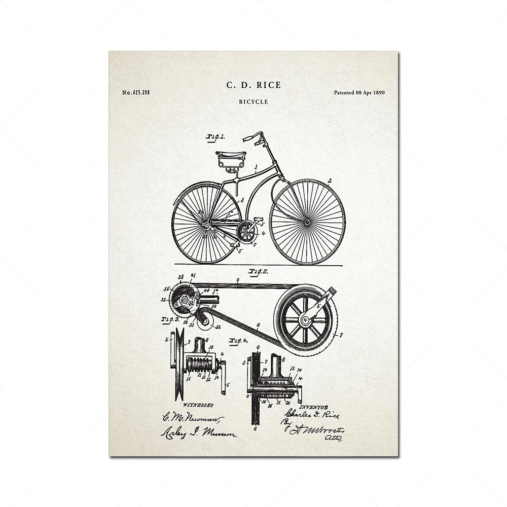 Schéma ancien d'un brevet de vélo conçu par C. D. Rice, montrant en détail la construction mécanique de ce modèle.