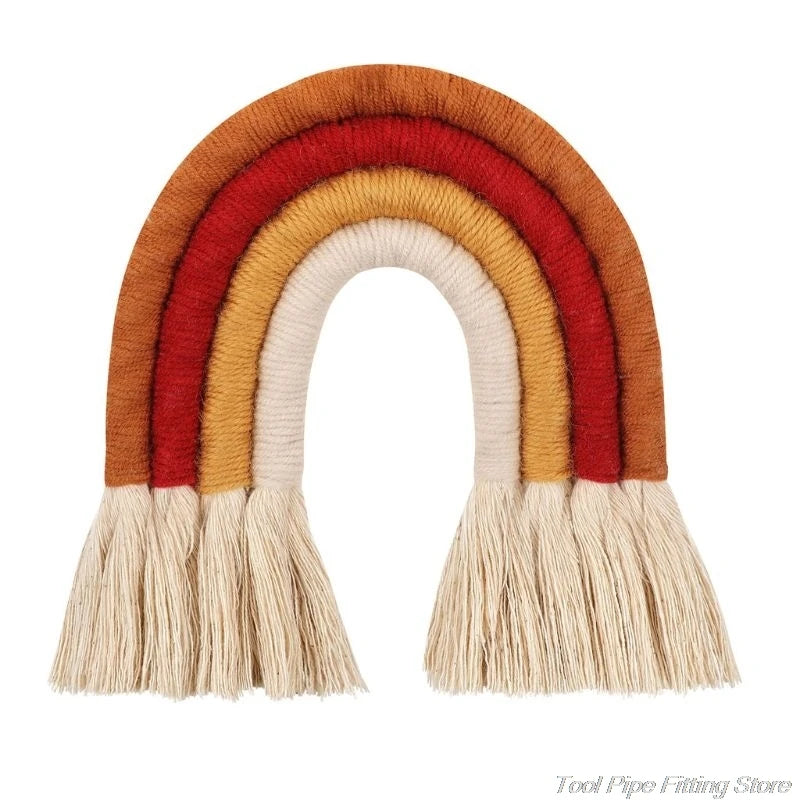 décoration murale arc ciel tissé franges boho chic marron beige bleu marine rose clair