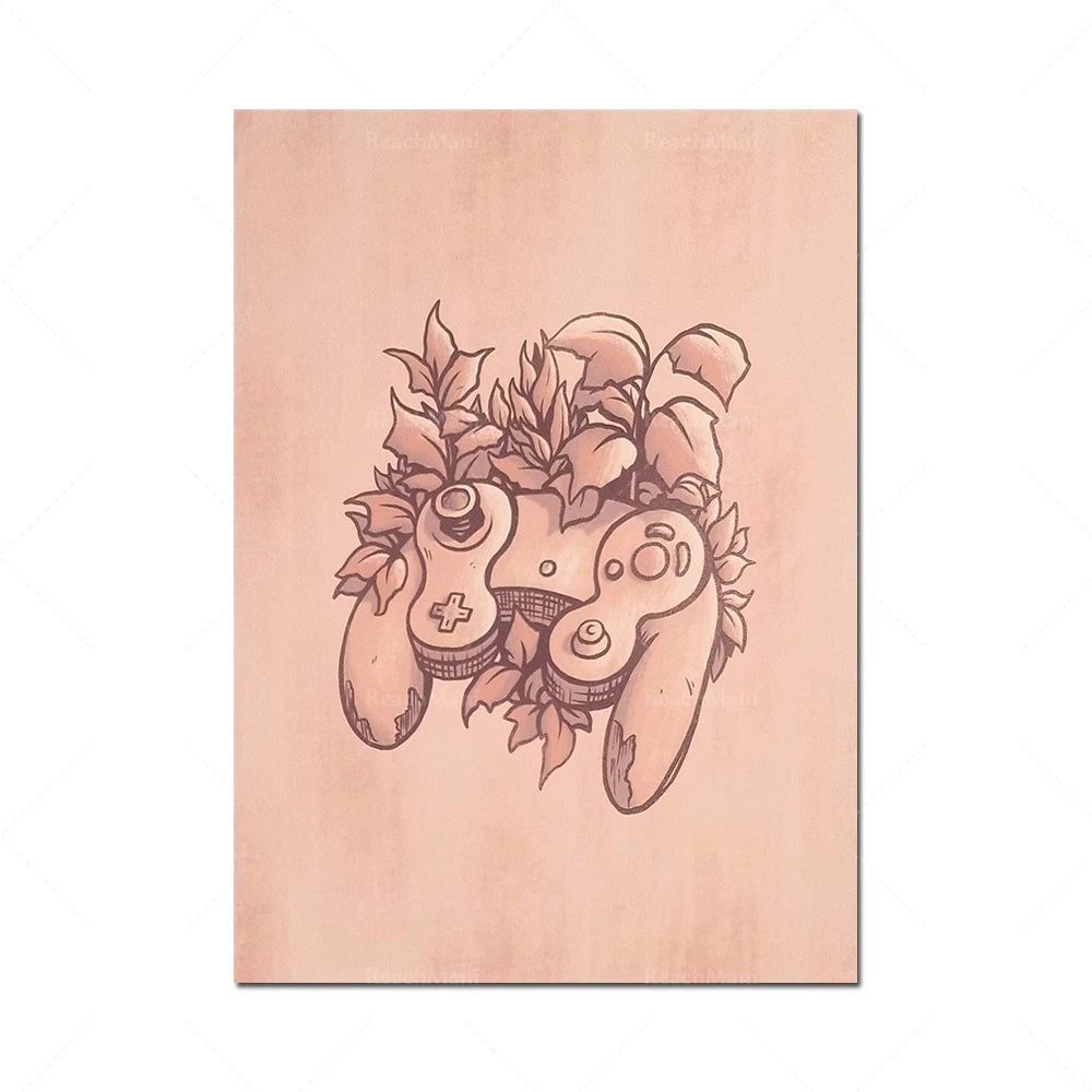 Illustration abstraite d'un personnage fantaisiste entouré de fleurs et de motifs de jeux vidéo.