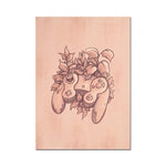 Illustration abstraite d'un personnage fantaisiste entouré de fleurs et de motifs de jeux vidéo.