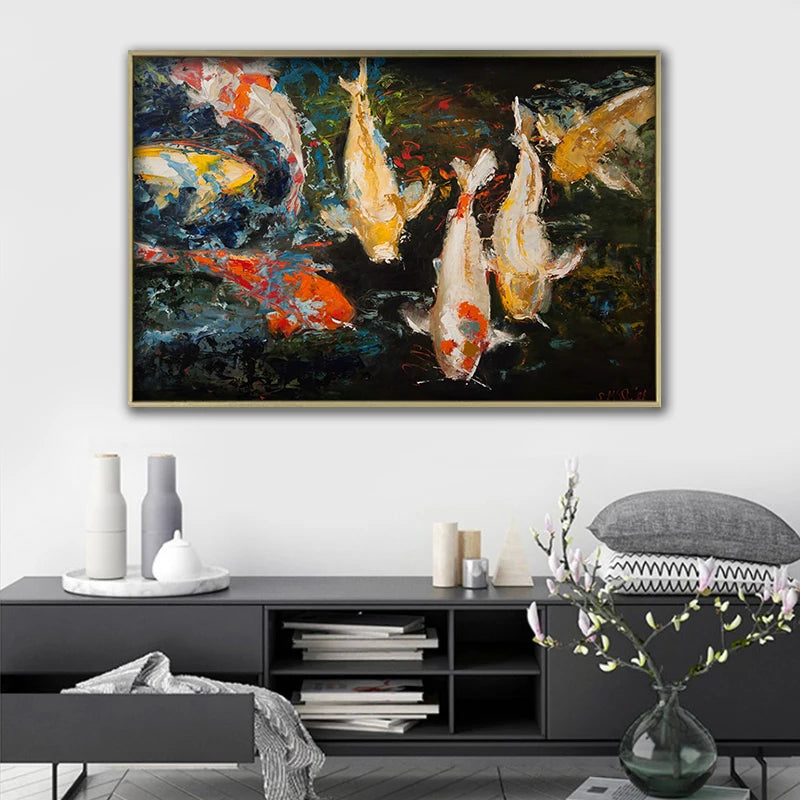 toile peinte abstraite poissons rouges moderne multicolore jaune orange blanc noir cadre doré decoration