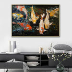 toile peinte abstraite poissons rouges moderne multicolore jaune orange blanc noir cadre doré decoration