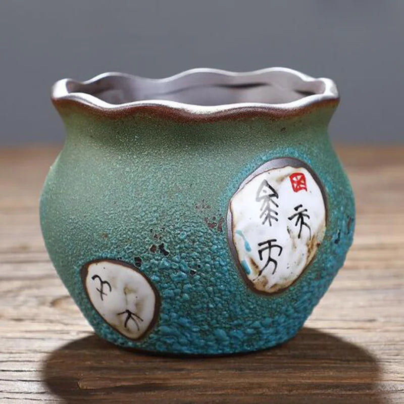 pots fleurs céramique glaçure abstraite bleu rose marron rustique plante verte artisanat