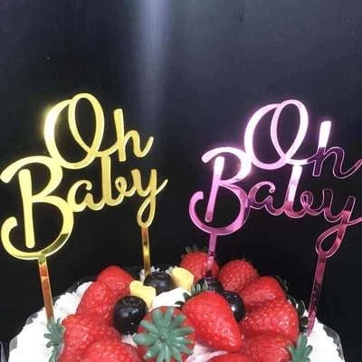 décoration gâteau Oh Baby acrylique transparent or rose moderne élégant anniversaire mariage noël transparente