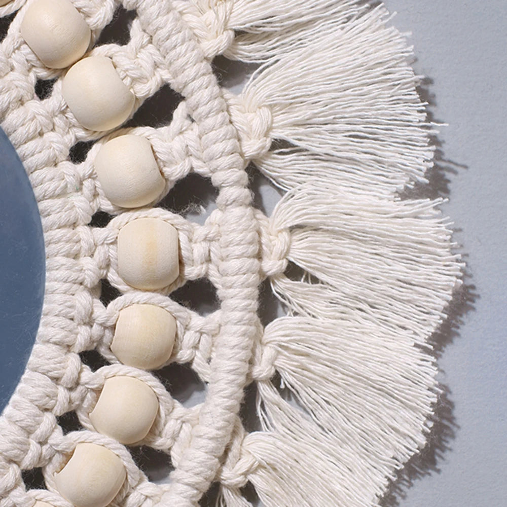 miroir boho blanc macramé franges deco mur salon chambre bébé artisanal