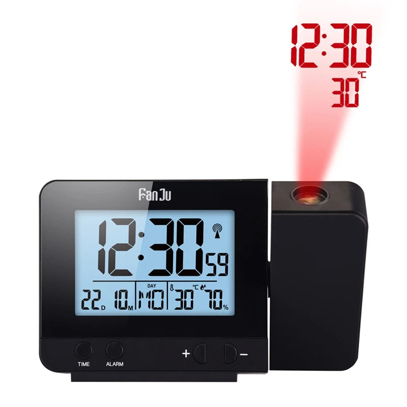 réveil projecteur numérique noir date heure thermomètre hygromètre fonction snooze led projection mur horloge