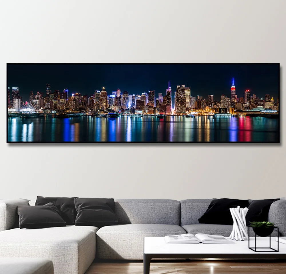 tableau panoramique toile paysage urbain nuit ville moderne décoration murale salon intérieur