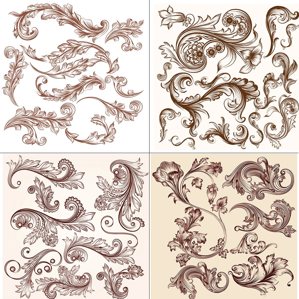 timbres vintage baroques motifs floraux ornements feuilles fleurs marron clair décoration artisanale scrapbooking