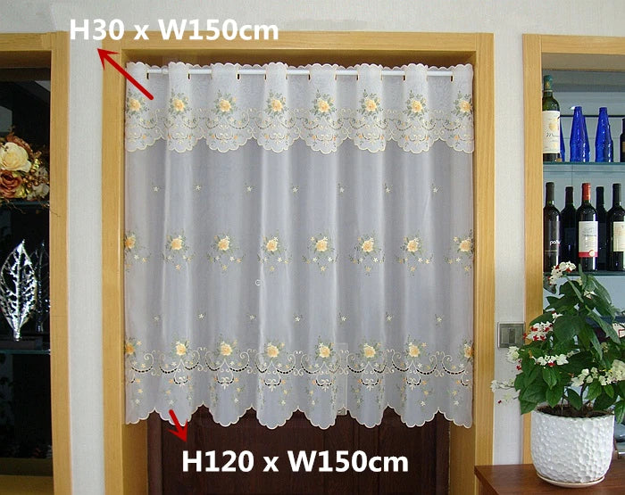rideau blanc brodé fleurs or transparent classique fenêtre H30 W150 H90 W150 H75 W150