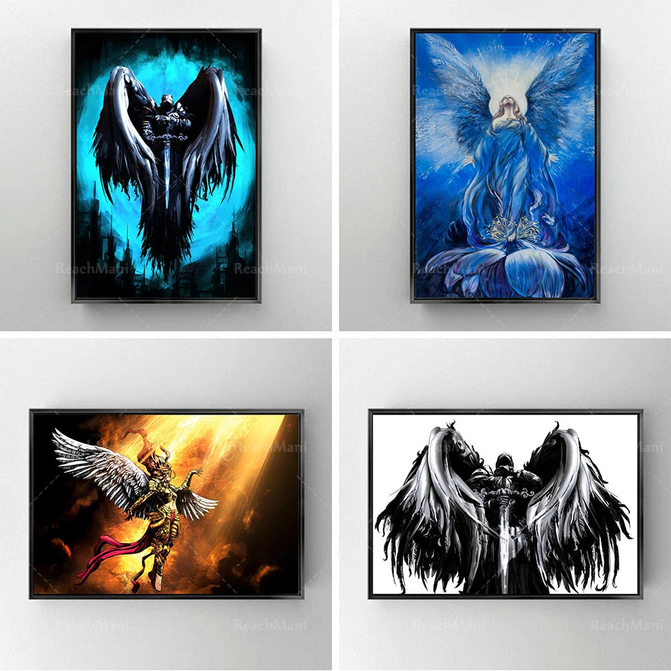 Une galerie de peintures épiques et fantastiques représentant des créatures ailées mystiques dans des scènes dramatiques.