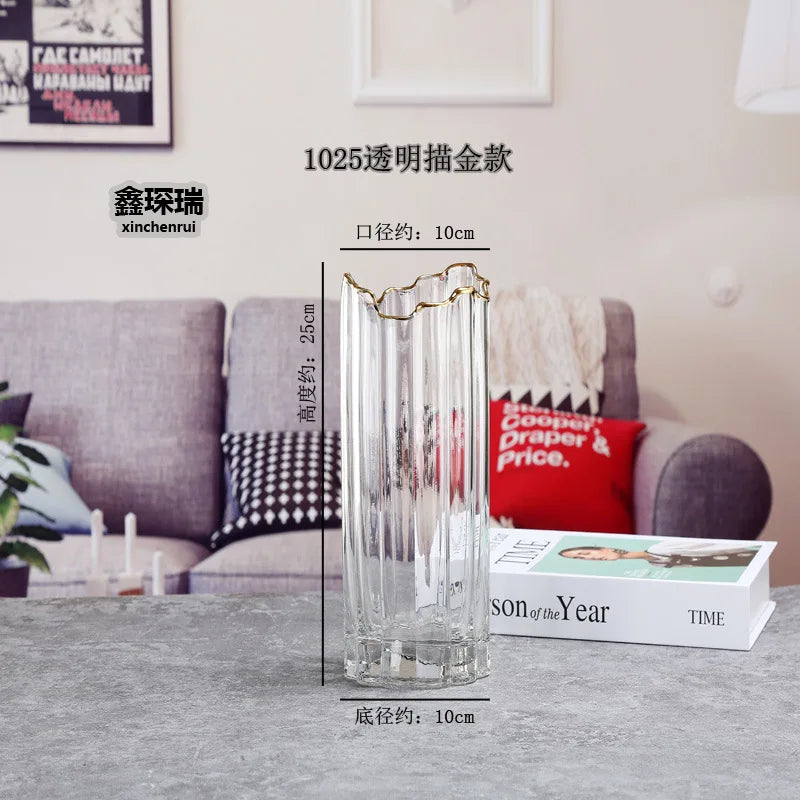 vase verre transparent moderne rayures horizontales couleurs vert gris rose rouge dorés fleurs artificielles