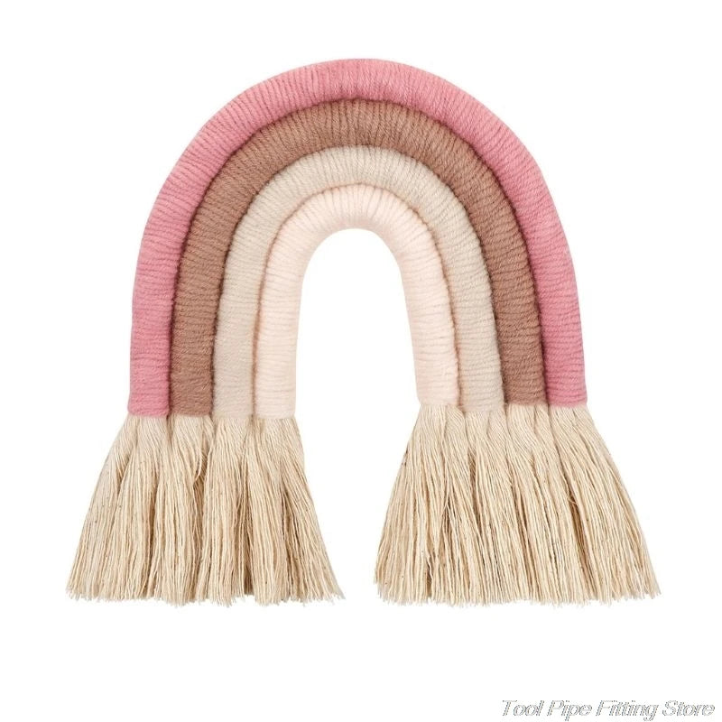 décoration murale arc ciel tissé franges boho chic marron beige bleu marine rose clair