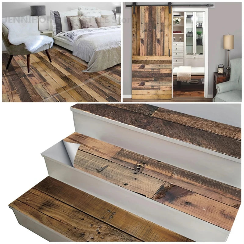 autocollant adhésif sol escalier bois rustique vintage décoration intérieur panneau murale protection marche maison