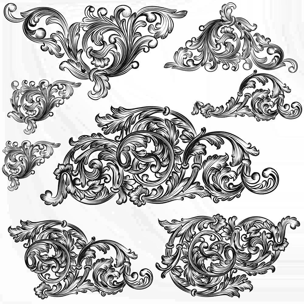timbres vintage baroques motifs floraux ornements feuilles fleurs marron clair décoration artisanale scrapbooking