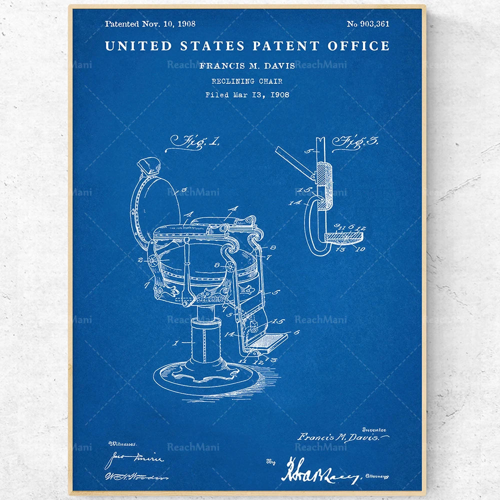 Ce brevet de 1908 du bureau des brevets des États-Unis montre le design d'un fauteuil inclinable inventé par Francis M. Davis. Le plan détaillé représente les différents éléments et mécanismes du fauteuil, notamment le siège, le dossier et le système de rotation.