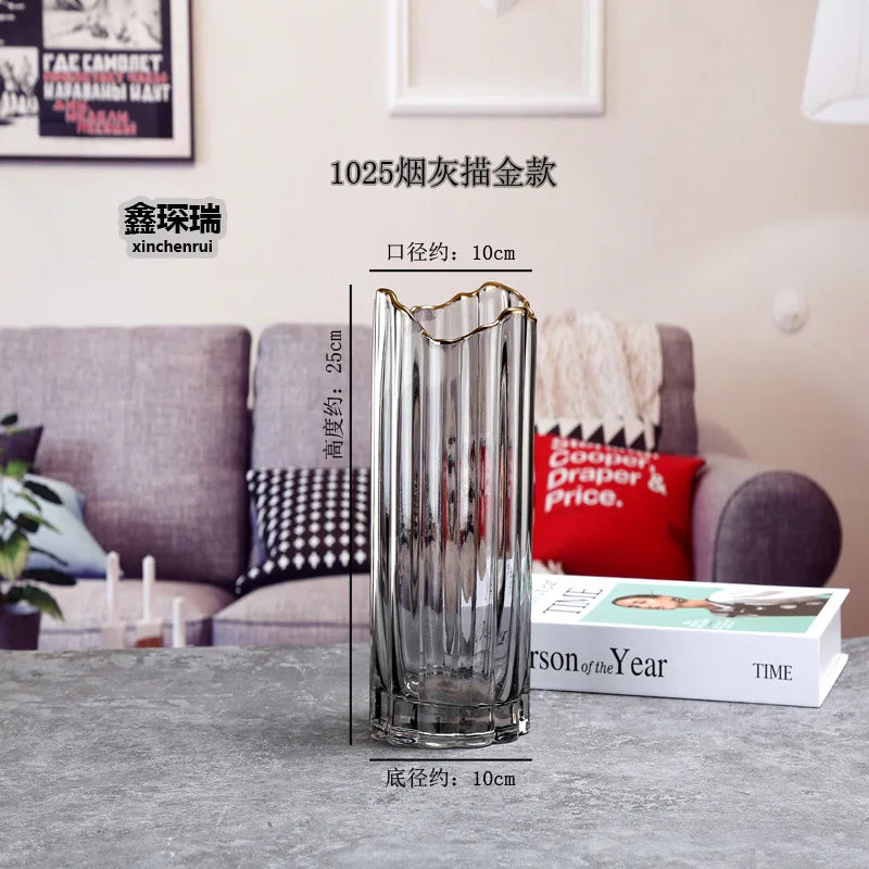vase verre transparent moderne rayures horizontales couleurs vert gris rose rouge dorés fleurs artificielles