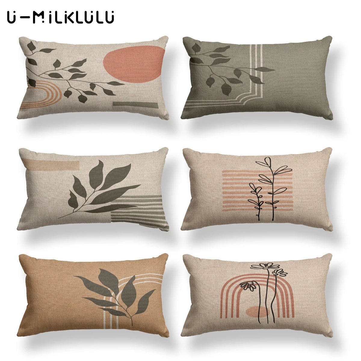 housse coussin motif feuilles moderne 30x50cm beige gris marronclair rosepâle