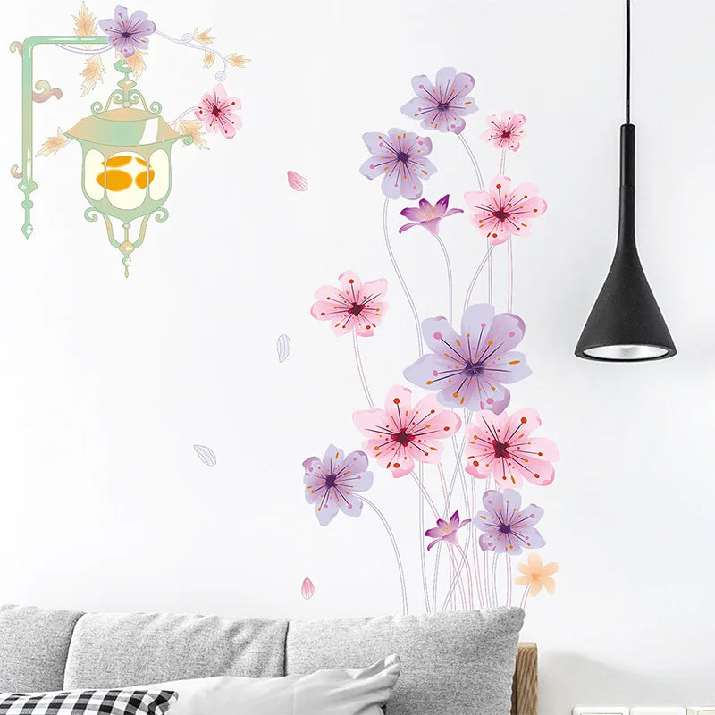 autocollant mural fleurs stylisées moderne vert pastel rose violet blanc opaques décoration intérieure chambre