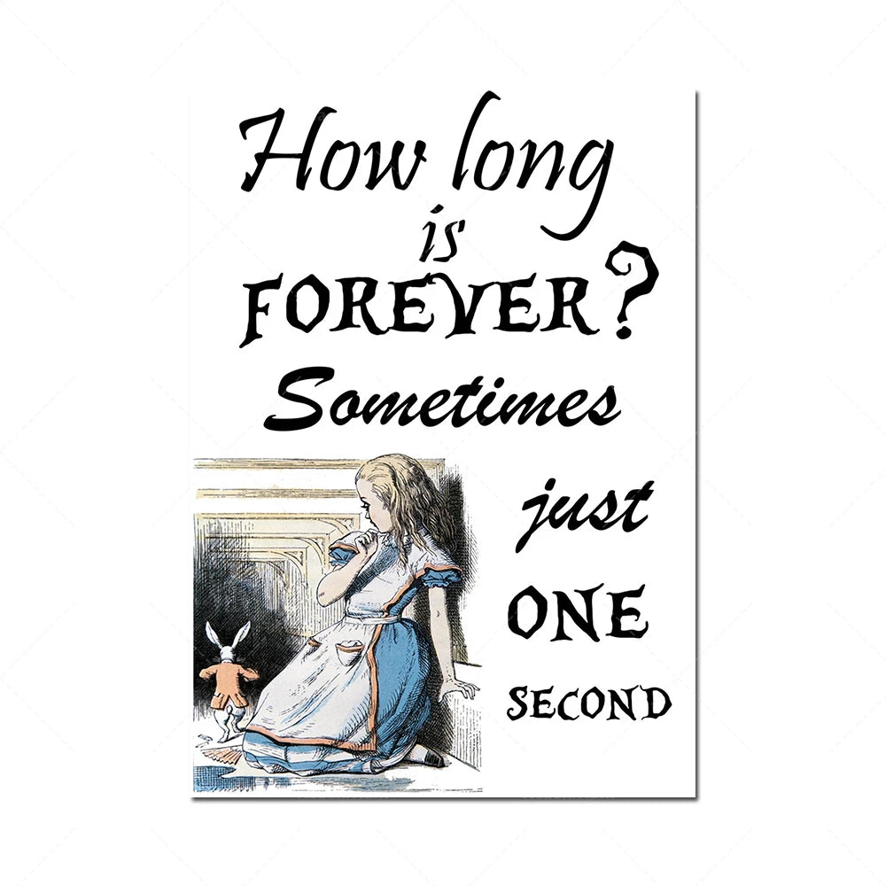 L'image représente un personnage d'Alice au pays des merveilles, assise sur le sol, tenant un lapin blanc dans ses mains. Un texte interrogatif sur la durée de la vie est affiché au-dessus de l'illustration.