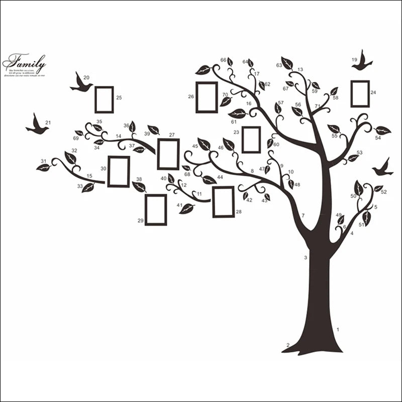 sticker mural moderne arbre branches feuilles oiseaux cadres photo noirs décoration intérieure